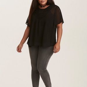 Torrid Black Crinkled Chiffon Lace Trim Top